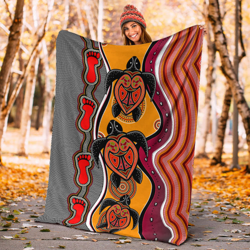 Australia Aboriginal Inspired Blanket - Turtle And Foot Print Aboiginal Inspired Dot Painting Style Australia Aboriginal Inspired Blanket - Turtle And Foot Print Aboiginal Inspired Dot Painting Style