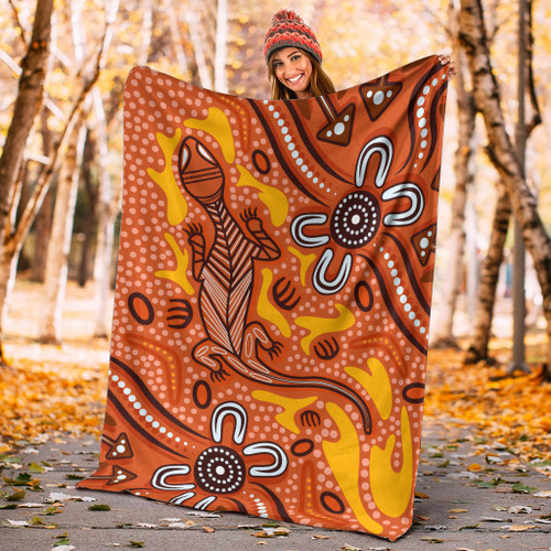 Australia Aboriginal Inspired Blanket - Orange Lizard Aboriginal Inspired Dot Painting Style Australia Aboriginal Inspired Blanket - Orange Lizard Aboriginal Inspired Dot Painting Style