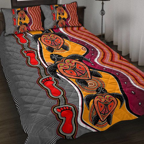 Australia Aboriginal Inspired Quilt Bed Set - Turtle And Foot Print Aboiginal Inspired Dot Painting Style