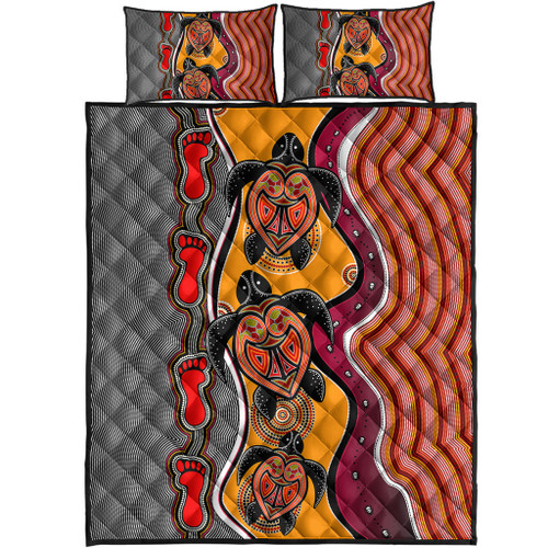 Australia Aboriginal Inspired Quilt Bed Set - Turtle And Foot Print Aboiginal Inspired Dot Painting Style Australia Aboriginal Inspired Quilt Bed Set - Turtle And Foot Print Aboiginal Inspired Dot Painting Style