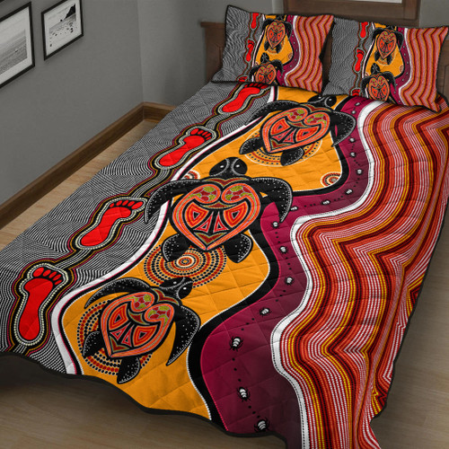 Australia Aboriginal Inspired Quilt Bed Set - Turtle And Foot Print Aboiginal Inspired Dot Painting Style Australia Aboriginal Inspired Quilt Bed Set - Turtle And Foot Print Aboiginal Inspired Dot Painting Style
