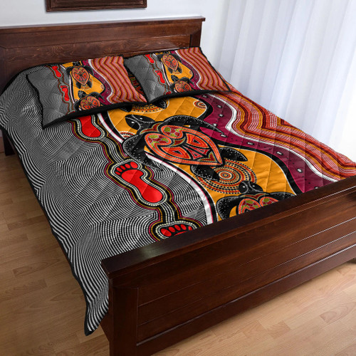 Australia Aboriginal Inspired Quilt Bed Set - Turtle And Foot Print Aboiginal Inspired Dot Painting Style Australia Aboriginal Inspired Quilt Bed Set - Turtle And Foot Print Aboiginal Inspired Dot Painting Style