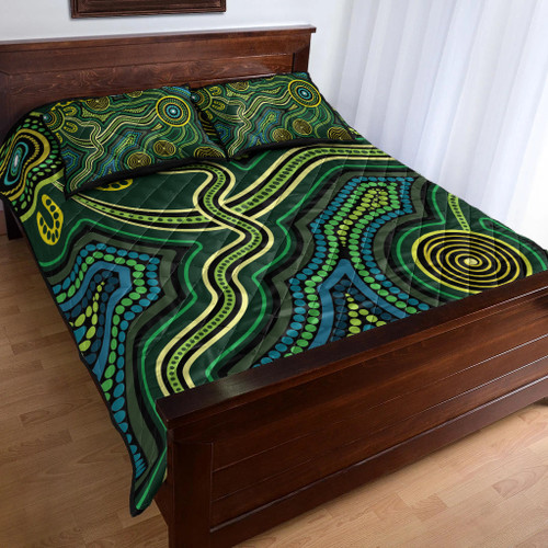 Australia Aboriginal Inspired Quilt Bed Set - Green Circle Aboiginal Inspired Dot Painting Style
