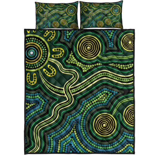 Australia Aboriginal Inspired Quilt Bed Set - Green Circle Aboiginal Inspired Dot Painting Style