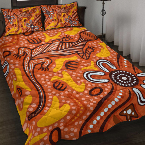 Australia Aboriginal Inspired Quilt Bed Set - Orange Lizard Aboiginal Inspired Dot Painting Style