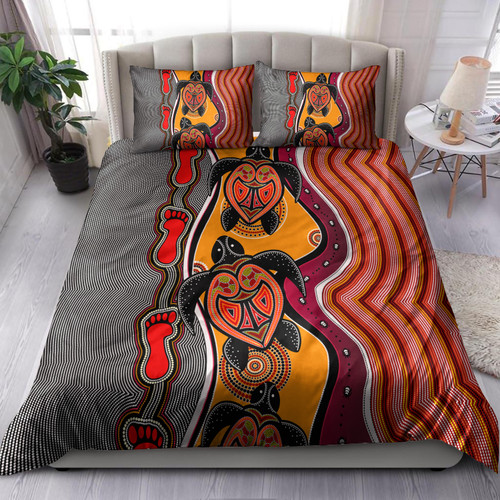 Australia Aboriginal Inspired Bedding Set - Turtle And Foot Print Aboiginal Inspired Dot Painting Style