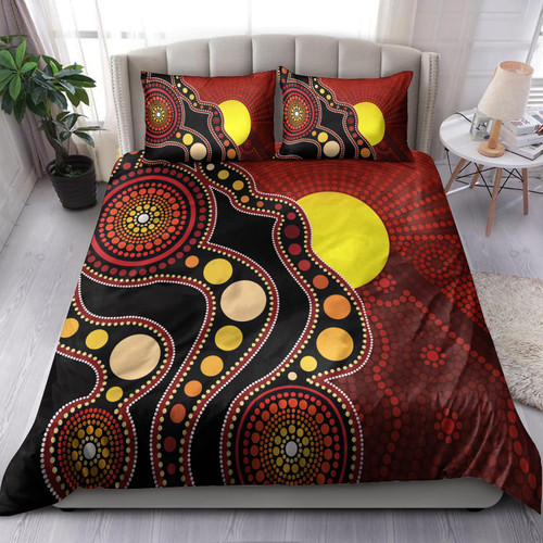 Australia Aboriginal Inspired Bedding Set - Australia Indigenous Flag Circle Dot Painting Art