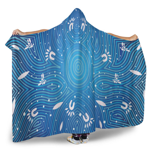 Australia Aboriginal Inspired Hooded Blanket - Aboriginal Art Dot Painting Pattern Blue Color