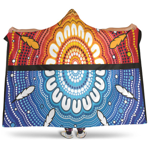 Australia Aboriginal Inspired Hooded Blanket - Blue And Orange Aboriginal Dot Art Vector Painting