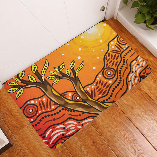 Australia Aboriginal Inspired Door Mat - Aboriginal Style Of Background Depicting Nature Tree On The Hill