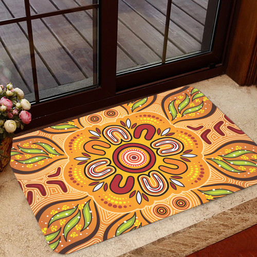 Australia Aboriginal Inspired Door Mat - Aboriginal Art Background With Wattle Leaf Australia Aboriginal Inspired Door Mat - Aboriginal Art Background With Wattle Leaf