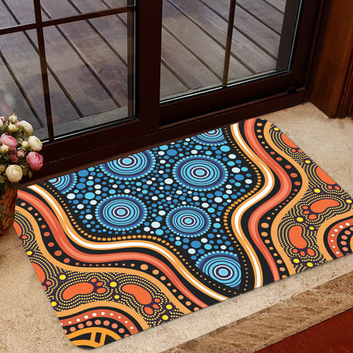 Australia Aboriginal Inspired Door Mat - Blue Aboriginal Style Of Dot Painting
