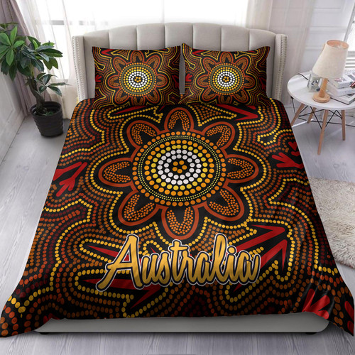 Australia Indigenous Bedding Set - Aboriginal inspired dot art background with kangaroo footprints