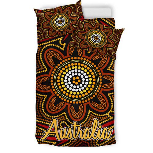 Australia Indigenous Bedding Set - Aboriginal inspired dot art background with kangaroo footprints Australia Indigenous Bedding Set - Aboriginal inspired dot art background with kangaroo footprints