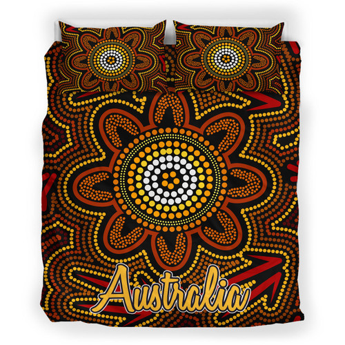 Australia Indigenous Bedding Set - Aboriginal inspired dot art background with kangaroo footprints Australia Indigenous Bedding Set - Aboriginal inspired dot art background with kangaroo footprints