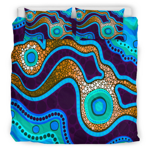 Australia Indigenous Bedding Set - Aboriginal inspired dot art background with river Australia Indigenous Bedding Set - Aboriginal inspired dot art background with river