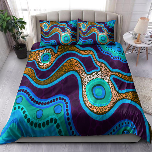 Australia Indigenous Bedding Set - Aboriginal inspired dot art background with river