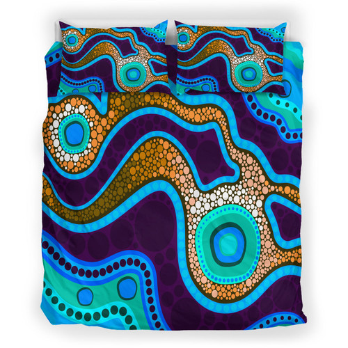 Australia Indigenous Bedding Set - Aboriginal inspired dot art background with river Australia Indigenous Bedding Set - Aboriginal inspired dot art background with river