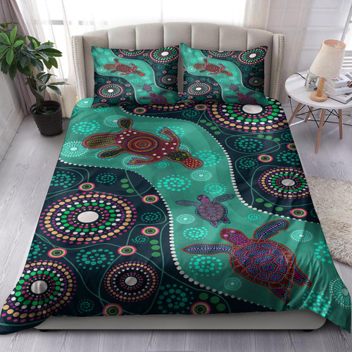 Australia Indigenous Bedding Set - Aboriginal Inspired Dreaming Turtles And Plapytus Dot Art Painting