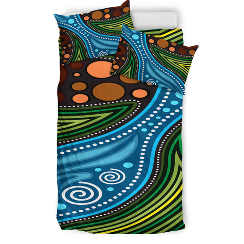 Australia Indigenous Bedding Set - Aboriginal Inspired Landscape Illustration of forest, river and land Australia Indigenous Bedding Set - Aboriginal Inspired Landscape Illustration of forest, river and land