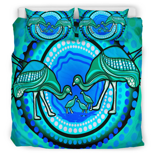 Australia Indigenous Bedding Set - Emu And Chicks Aboriginal Inspired Dot Painting