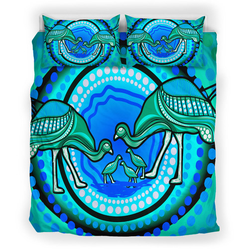 Australia Indigenous Bedding Set - Emu And Chicks Aboriginal Inspired Dot Painting