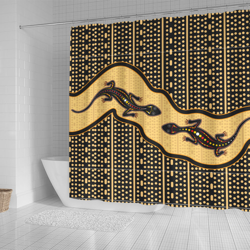 Australia Aboriginal Inspired Shower Curtain - Aboriginal Art Background With Lizard Shower Curtain Australia Aboriginal Inspired Shower Curtain - Aboriginal Art Background With Lizard Shower Curtain