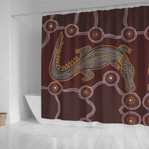 Australia Aboriginal Inspired Shower Curtain -  A Crocodile Aboriginal Styled Dot Painting Artwork Shower Curtain Australia Aboriginal Inspired Shower Curtain -  A Crocodile Aboriginal Styled Dot Painting Artwork Shower Curtain