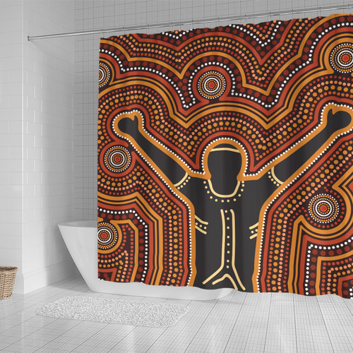 Australia Aboriginal Inspired Shower Curtain - Aboriginal Style Of Dot Background Depicting Victory Shower Curtain Australia Aboriginal Inspired Shower Curtain - Aboriginal Style Of Dot Background Depicting Victory Shower Curtain