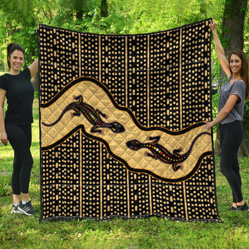 Australia Aboriginal Inspired Quilt - Aboriginal Art Background With Lizard Quilt