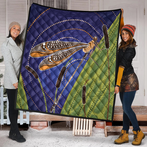 Australia Aboriginal Inspired Quilt - Dragonfly On Cattails Aboriginal Style Art Quilt Australia Aboriginal Inspired Quilt - Dragonfly On Cattails Aboriginal Style Art Quilt