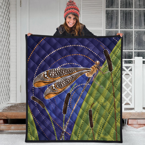 Australia Aboriginal Inspired Quilt - Dragonfly On Cattails Aboriginal Style Art Quilt Australia Aboriginal Inspired Quilt - Dragonfly On Cattails Aboriginal Style Art Quilt