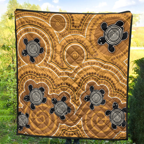 Australia Aboriginal Inspired Quilt - Aboriginal Dot Art Vector Painting With Turtle Yellow Color Quilt
