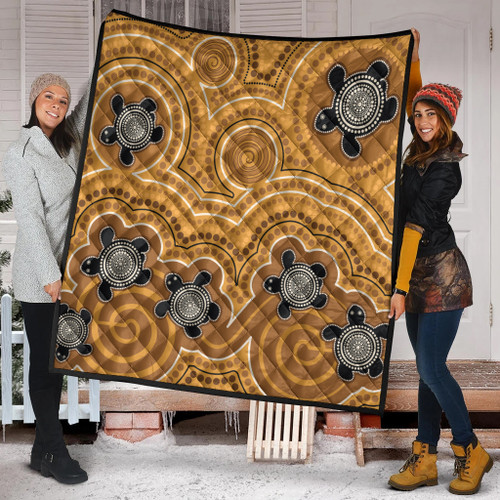 Australia Aboriginal Inspired Quilt - Aboriginal Dot Art Vector Painting With Turtle Yellow Color Quilt