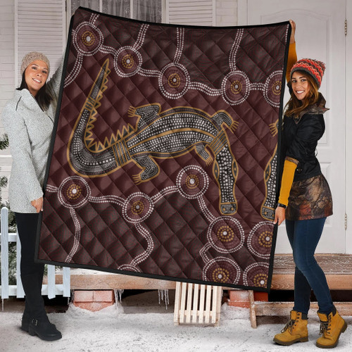 Australia Aboriginal Inspired Quilt -  A Crocodile Aboriginal Styled Dot Painting Artwork Quilt Australia Aboriginal Inspired Quilt -  A Crocodile Aboriginal Styled Dot Painting Artwork Quilt
