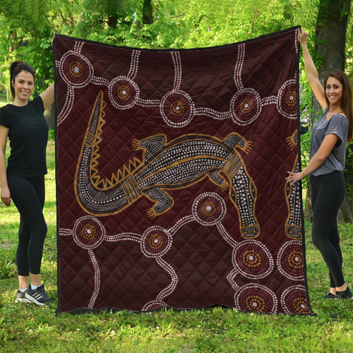 Australia Aboriginal Inspired Quilt -  A Crocodile Aboriginal Styled Dot Painting Artwork Quilt