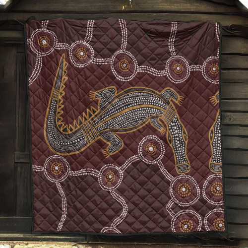 Australia Aboriginal Inspired Quilt -  A Crocodile Aboriginal Styled Dot Painting Artwork Quilt Australia Aboriginal Inspired Quilt -  A Crocodile Aboriginal Styled Dot Painting Artwork Quilt