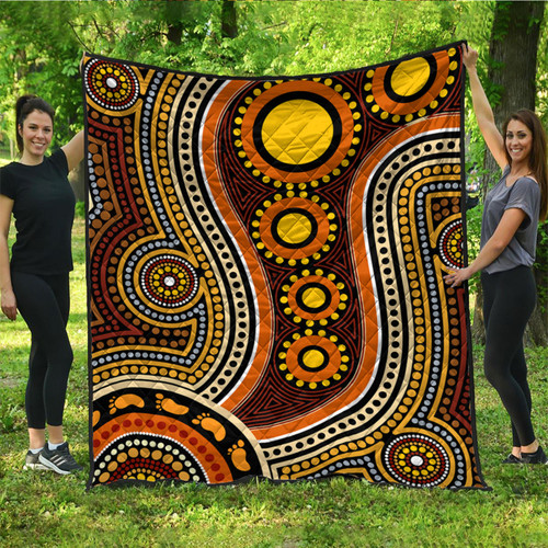 Australia Aboriginal Inspired Quilt - Aboriginal Dot Art Connection With Footprints Australia Aboriginal Inspired Quilt - Aboriginal Dot Art Connection With Footprints