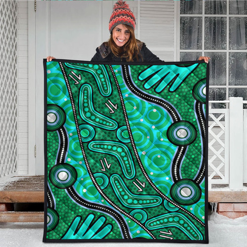 Australia Aboriginal Inspired Quilt - Aboriginal Dot Art Painting With Handprints Australia Aboriginal Inspired Quilt - Aboriginal Dot Art Painting With Handprints