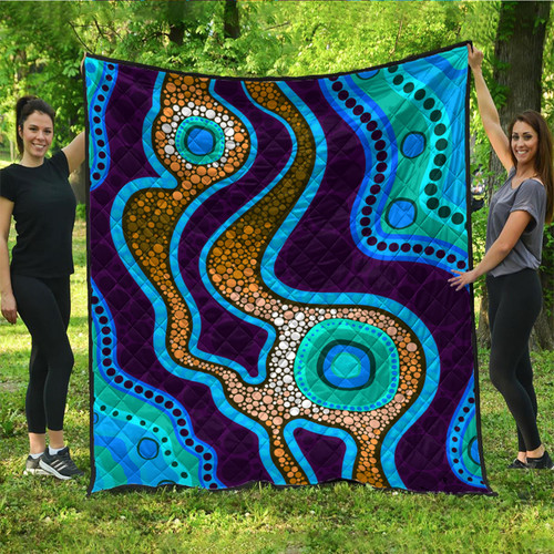 Australia Aboriginal Inspired Quilt - Aboriginal dot art vector background with river Australia Aboriginal Inspired Quilt - Aboriginal dot art vector background with river