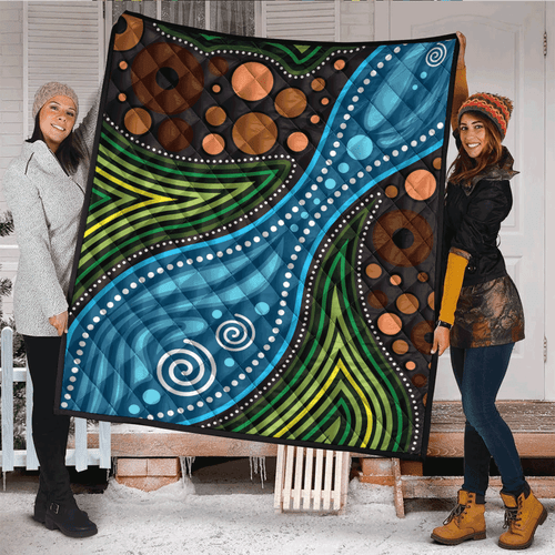 Australia Aboriginal Inspired Quilt - Aboriginal Landscape Illustration of forest, river and land
