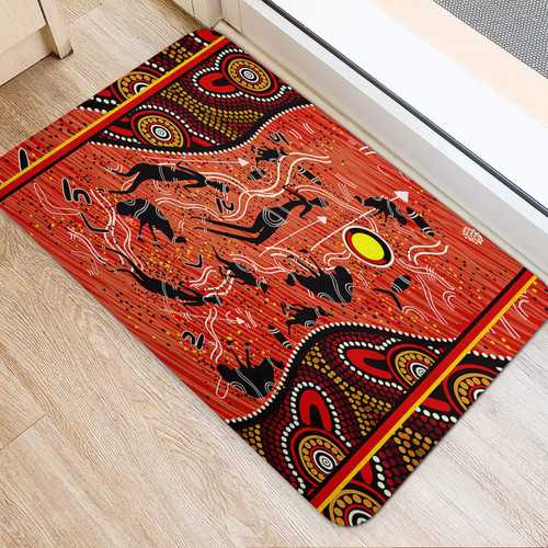 Australia Aboriginal Inspired Door Mat - Australian aboriginal hunting with spear art Australia Aboriginal Inspired Door Mat - Australian aboriginal hunting with spear art