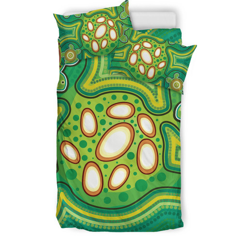 Australia Aboriginal Inspired Bedding Set - Aboriginal Dot Art Vector Painting With Turtle Green Color Bedding Set Australia Aboriginal Inspired Bedding Set - Aboriginal Dot Art Vector Painting With Turtle Green Color Bedding Set