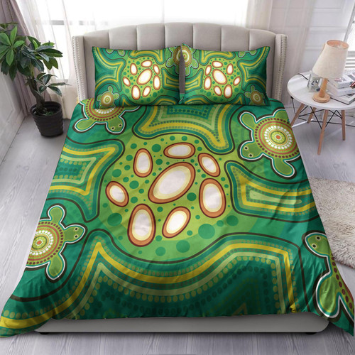 Australia Aboriginal Inspired Bedding Set - Aboriginal Dot Art Vector Painting With Turtle Green Color Bedding Set