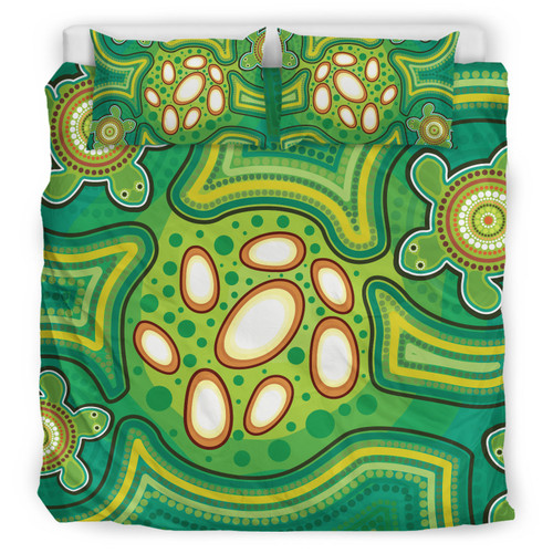 Australia Aboriginal Inspired Bedding Set - Aboriginal Dot Art Vector Painting With Turtle Green Color Bedding Set Australia Aboriginal Inspired Bedding Set - Aboriginal Dot Art Vector Painting With Turtle Green Color Bedding Set
