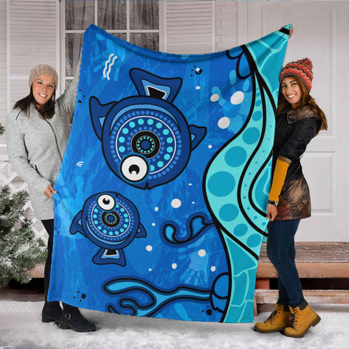 Australia Aboriginal Inspired Blanket - Aboriginal dot art painting with fish underwater concept Australia Aboriginal Inspired Blanket - Aboriginal dot art painting with fish underwater concept