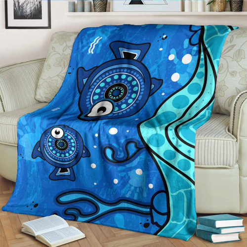 Australia Aboriginal Inspired Blanket - Aboriginal dot art painting with fish underwater concept Australia Aboriginal Inspired Blanket - Aboriginal dot art painting with fish underwater concept
