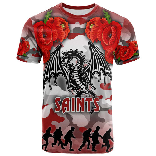 St. George Illawarra Dragons Anzac Custom T-shirt - Poppies Flower Saint Lest We Forget T-shirt Red