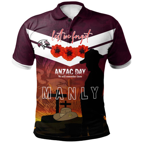 Manly Warringah Sea Eagles Anzac Custom Polo Shirt - Manly Jersey Anzac Soldier Poppies Polo Shirt