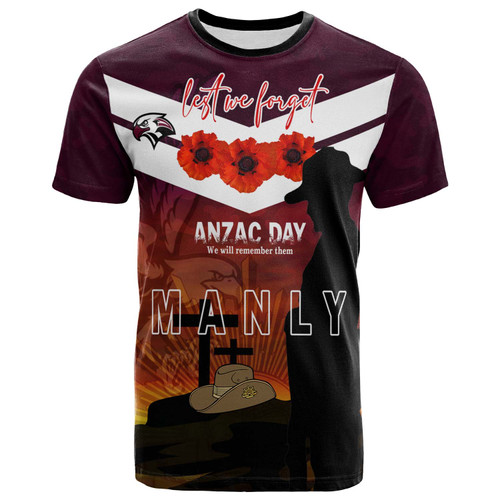 Australia Sea Eagles Anzac Custom T-shirt - Manly Jersey Anzac Soldier Poppies T-shirt